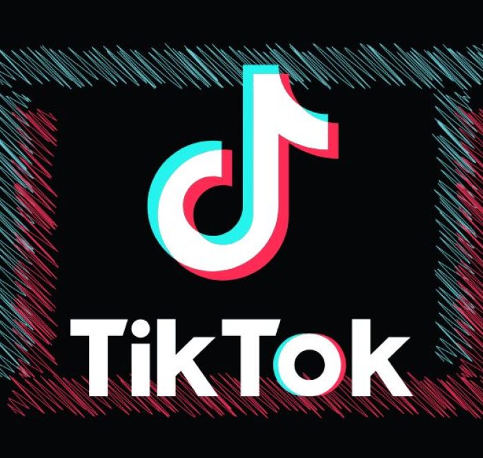 TikTok logo on a black background, featuring a stylized musical note in red, white, and blue above the word