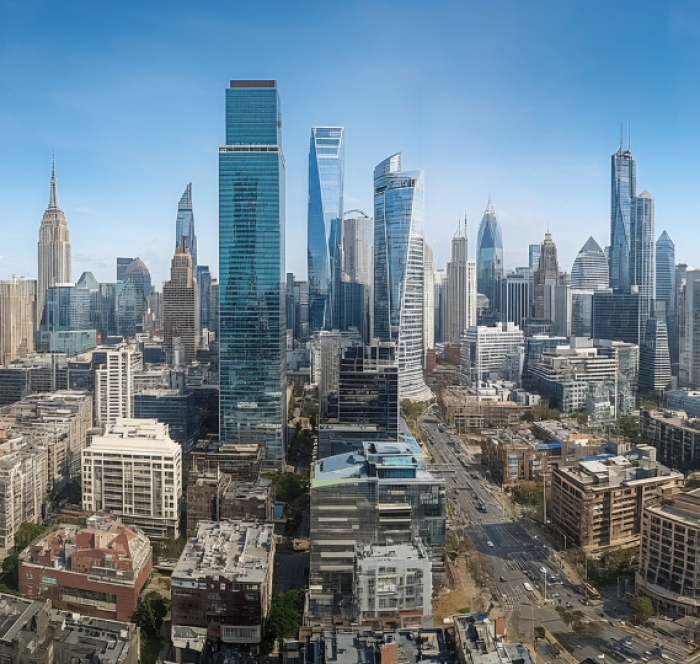 A panoramic view of a Melbourne skyline with diverse skyscrapers under a clear blue sky, evoking a sense of urban modernity and architectural variety.