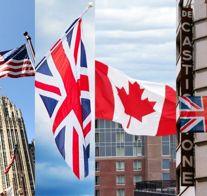 Split image showing four flags: the U.S. flag against a skyscraper, the UK's Union Jack and another against a building, and Canada's flag by an urban background. Bright, patriotic vibe.