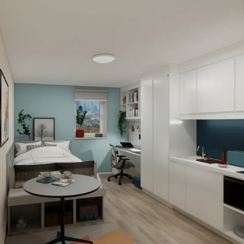 Long shot of a studio apartment at mcmillan student village in lewisham