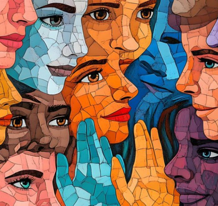 A vibrant mosaic artwork of diverse, colorful faces intersecting and overlapping, conveying unity and harmony with expressions of calmness and reflection.