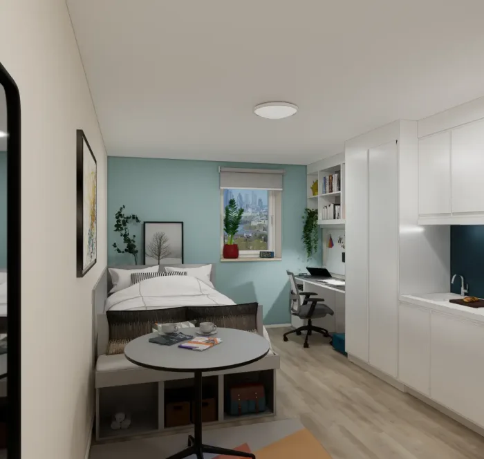 wide shot of a studio flat in mcmillan student village in Greenwich