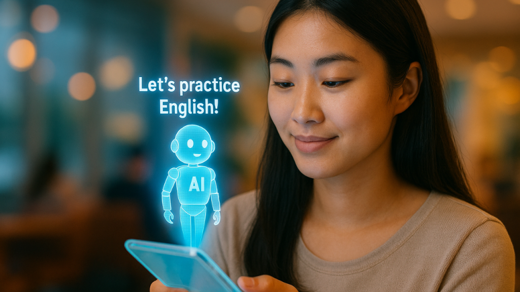 AI English speaking practice on a smartphone, with a virtual AI assistant appearing on screen as a learner practises English conversation in a café setting.
